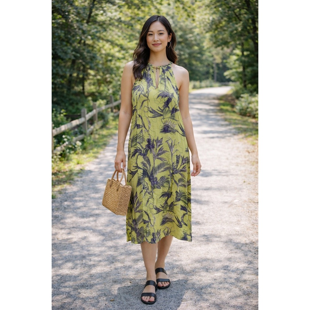 Boho‎ Summer Vacation Beach Lime Green Blue Tropical Floral Halter Maxi XL Dress